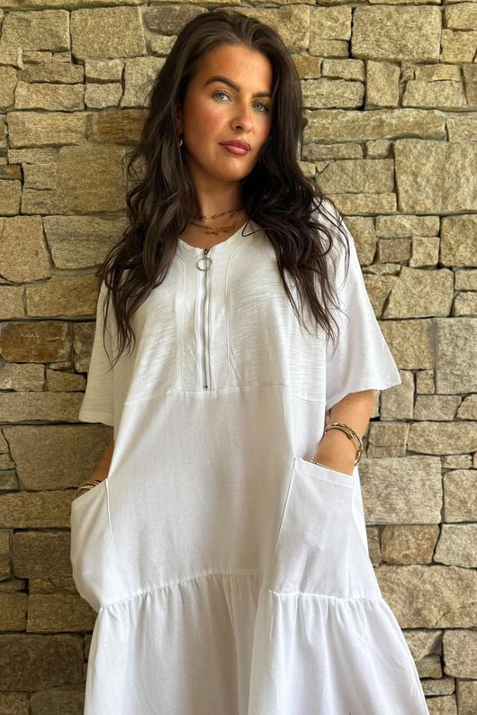 Rustic Nature Linen Blend Smock T Shirt Dress White